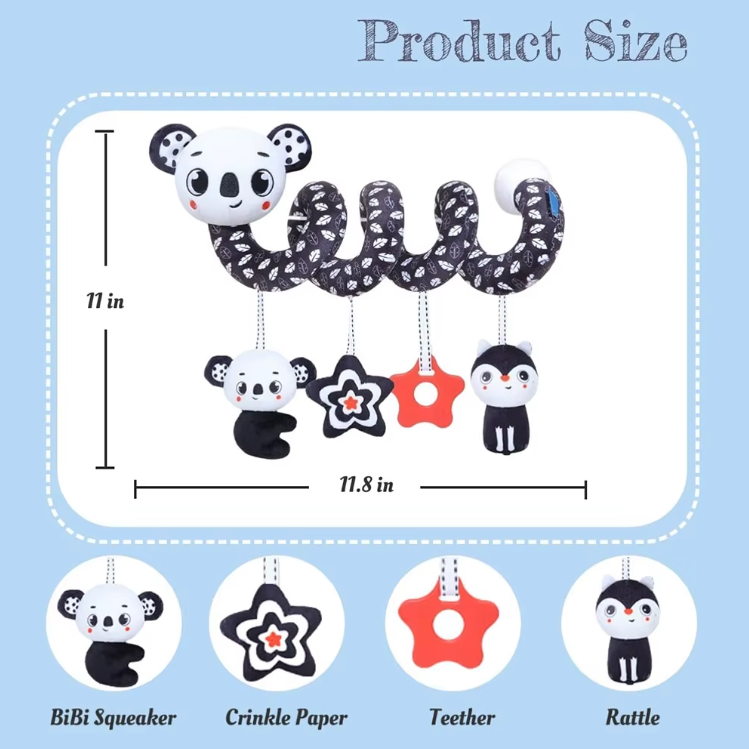 Baby toy with koala design and measurements on a light blue background