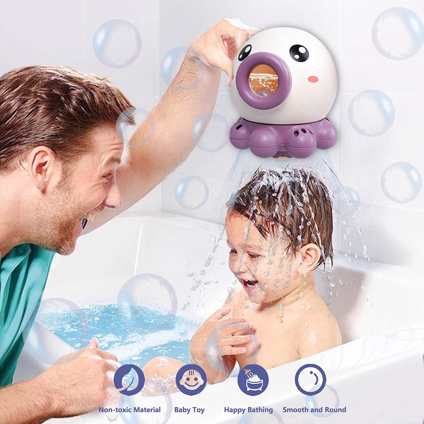 Man and child in a bath with a purple and white toy octopus, surrounded by bubbles.