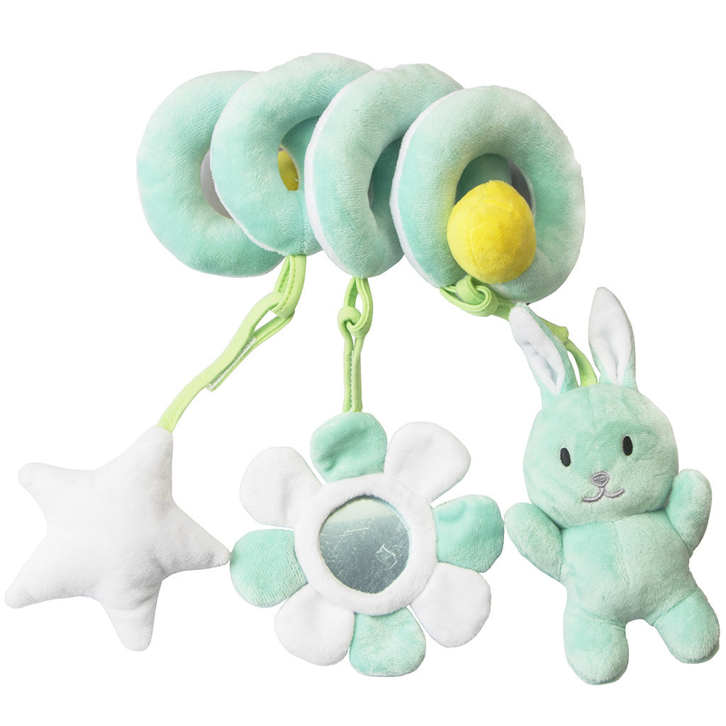 Baby rattle with plush bunny, fish, and flower attachments on a white background