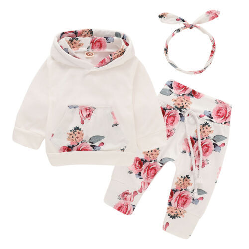 Conjunto de 3 piezas con capucha y estampado floral para niña