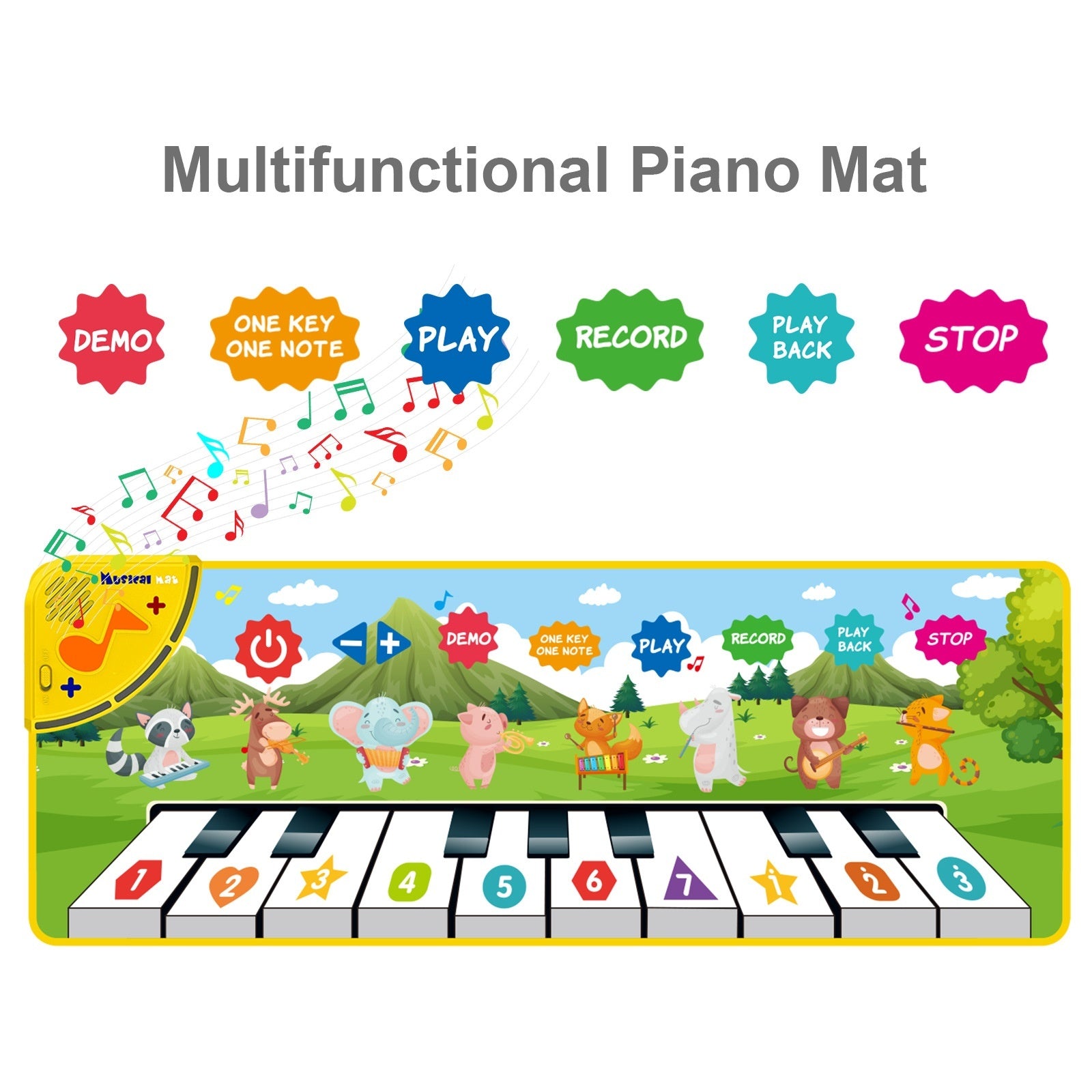 Multifunctional piano mat with cartoon animals and musical keys on a white background