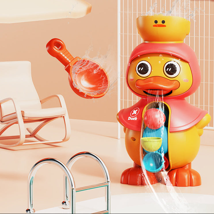 Colorful duck-shaped toy with water features in a bathroom setting