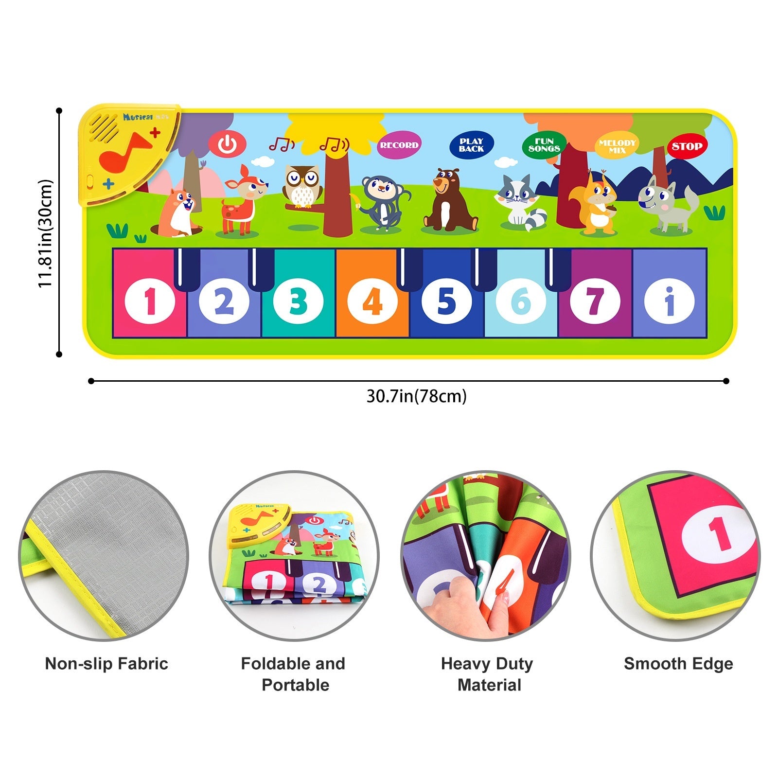 Colorful children's piano play mat with animal illustrations and keyboard design, featuring dimensions and product features.