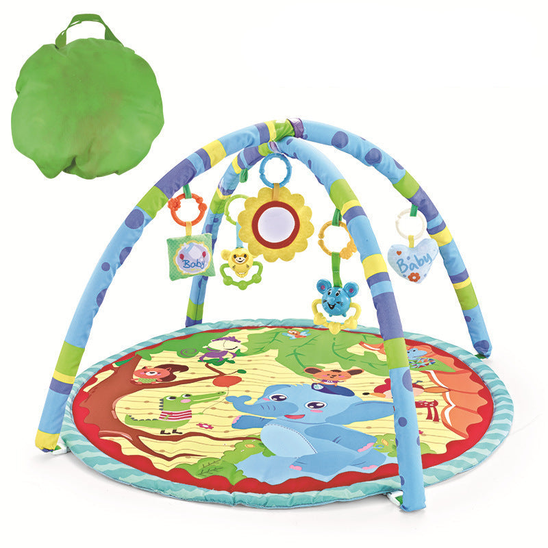Colorful baby play gym with various hanging toys on a white background