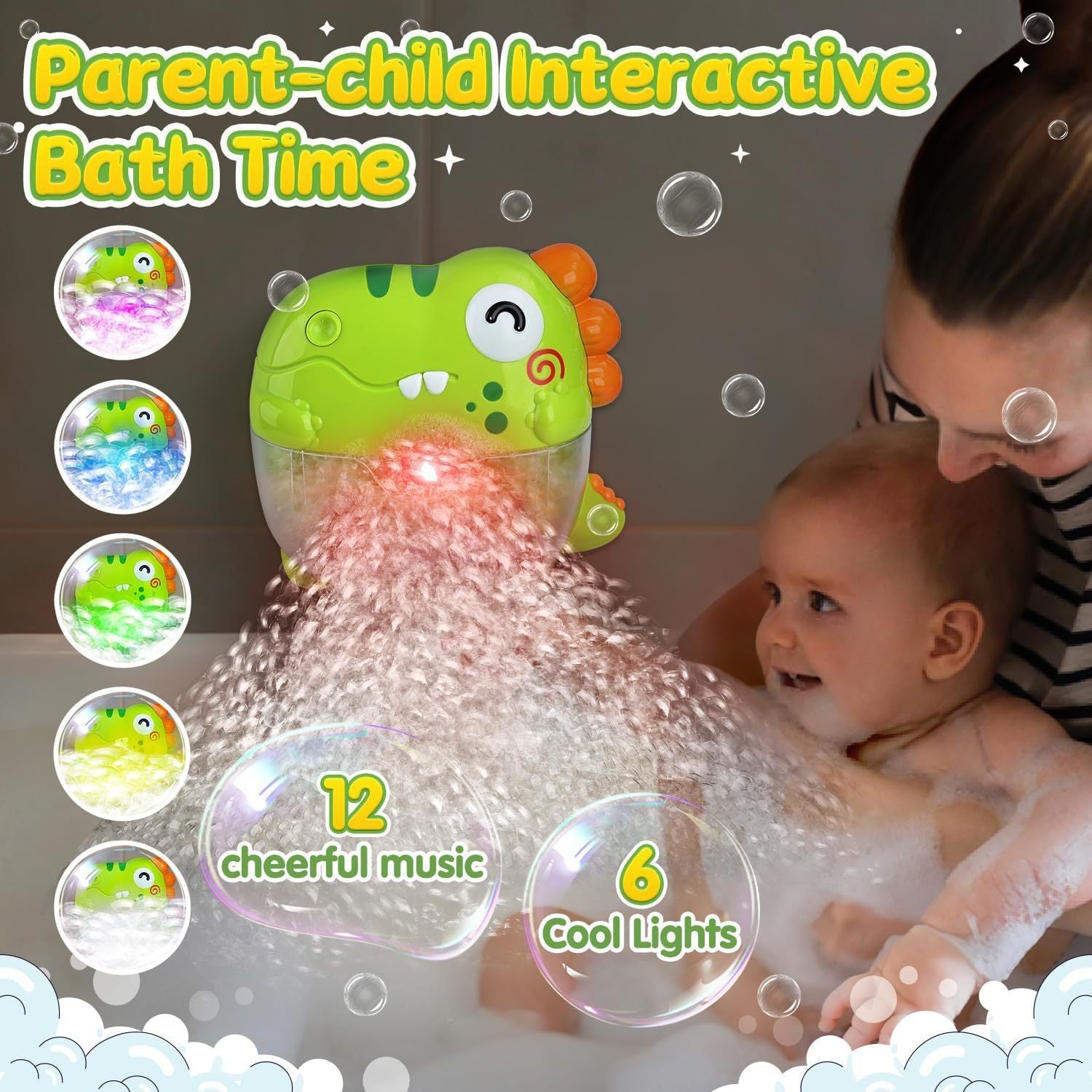Baby bath toy with colorful lights and water features, featuring a mother and child in a bathtub.