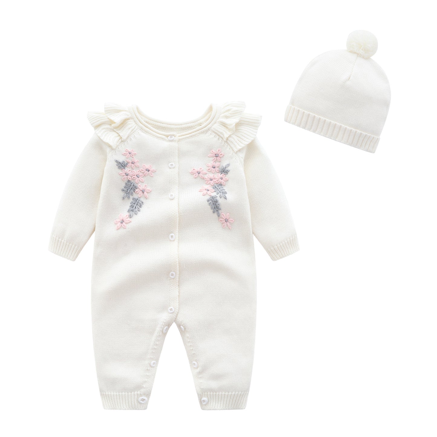 Baby Mädchen Set aus Jumpsuit und Mütze aus Strick mit Blumenmuster