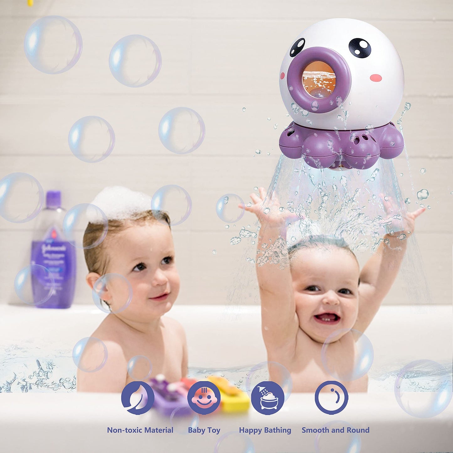 Children playing in a bathtub with an octopus toy, surrounded by bubbles.