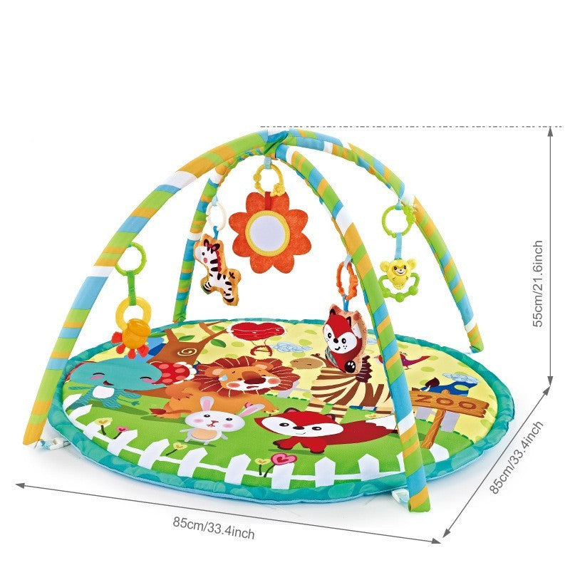 Colorful baby play gym with animal designs and dimensions on a white background