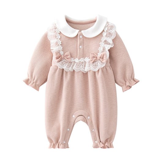 Baby Girl Lace Fleece-Lined Jumpsuit and Hat Set