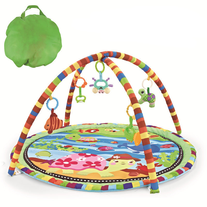 Colorful baby play gym with toys on a white background