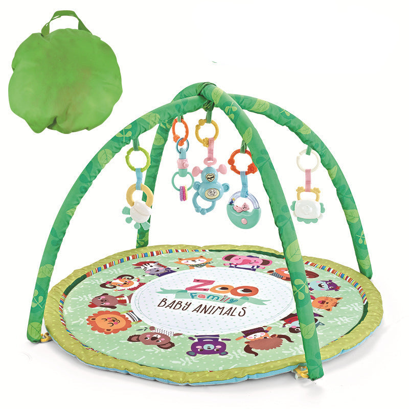 Baby play gym with colorful toys and 'Zoo Baby Animals' branding on a white background.