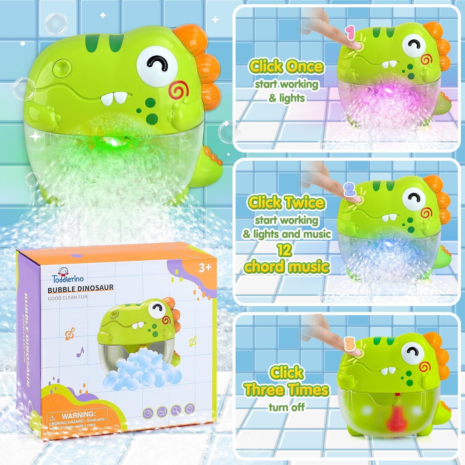 Green dinosaur-shaped bubble machine with packaging and usage instructions on a tiled bathroom floor background.