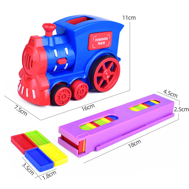 Toy train with colorful dominoes and measurements on a white background