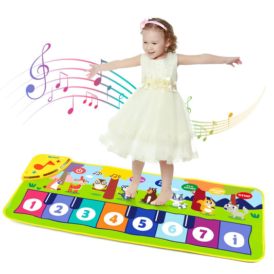 Child on a colorful musical mat with cartoon characters and numbers
