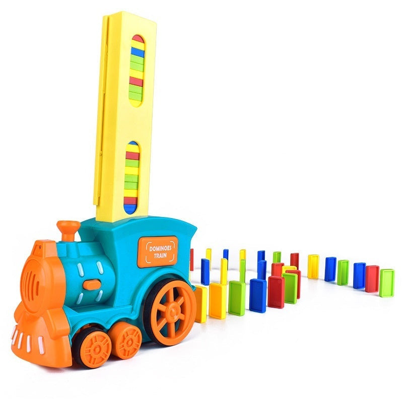 Colorful domino train with a stacker on a white background