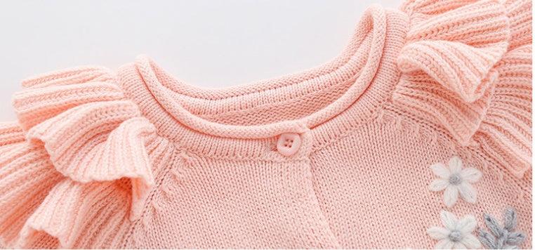 Baby Mädchen Set aus Jumpsuit und Mütze aus Strick mit Blumenmuster