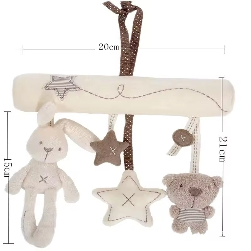 Baby crib mobile with plush toys and stars, shown with measurements.