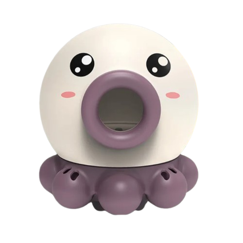 Cute cartoon-style octopus toy with a white body and purple tentacles on a white background