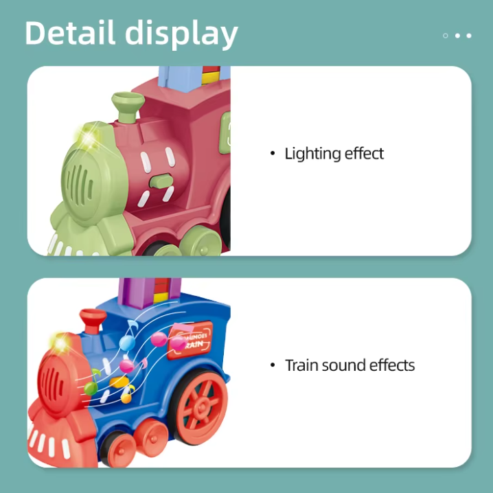 Two toy trains with lighting and sound effects on a teal background