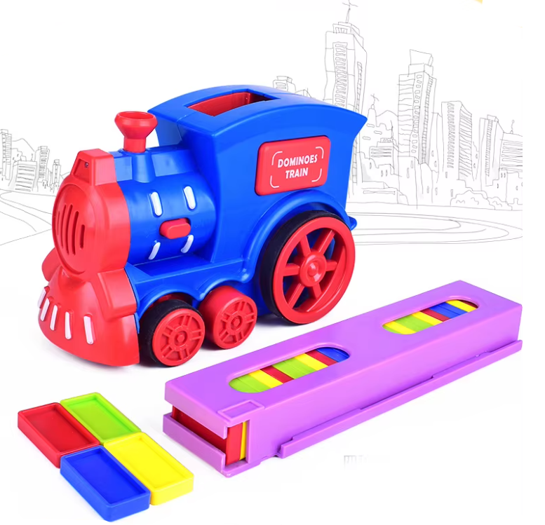 Toy train with colorful dominoes on a white background