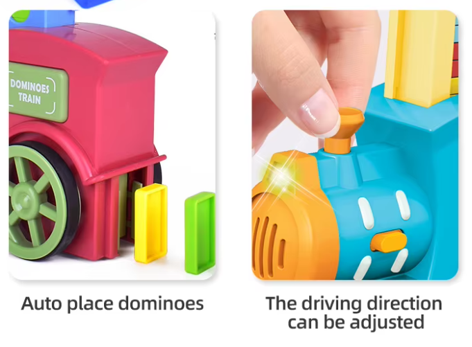 Toy train with dominoes and adjustable driving direction feature