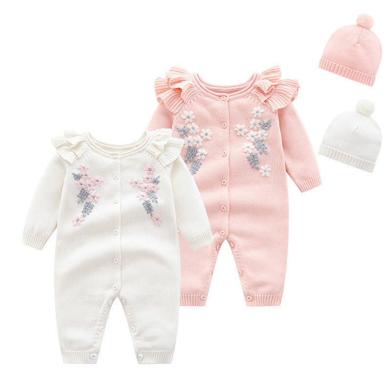 Baby Mädchen Set aus Jumpsuit und Mütze aus Strick mit Blumenmuster
