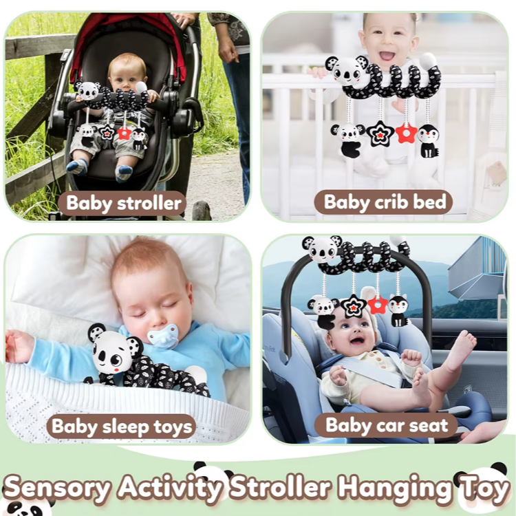 Sensory activity stroller hanging toy displayed in various baby products including a stroller, crib, car seat, and sleep toys.