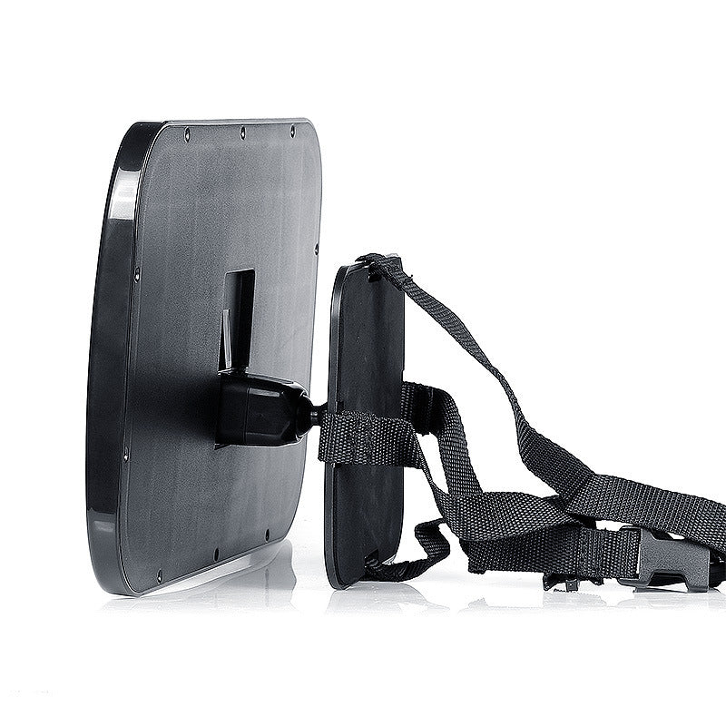 Black protective shield with a strap on a white background