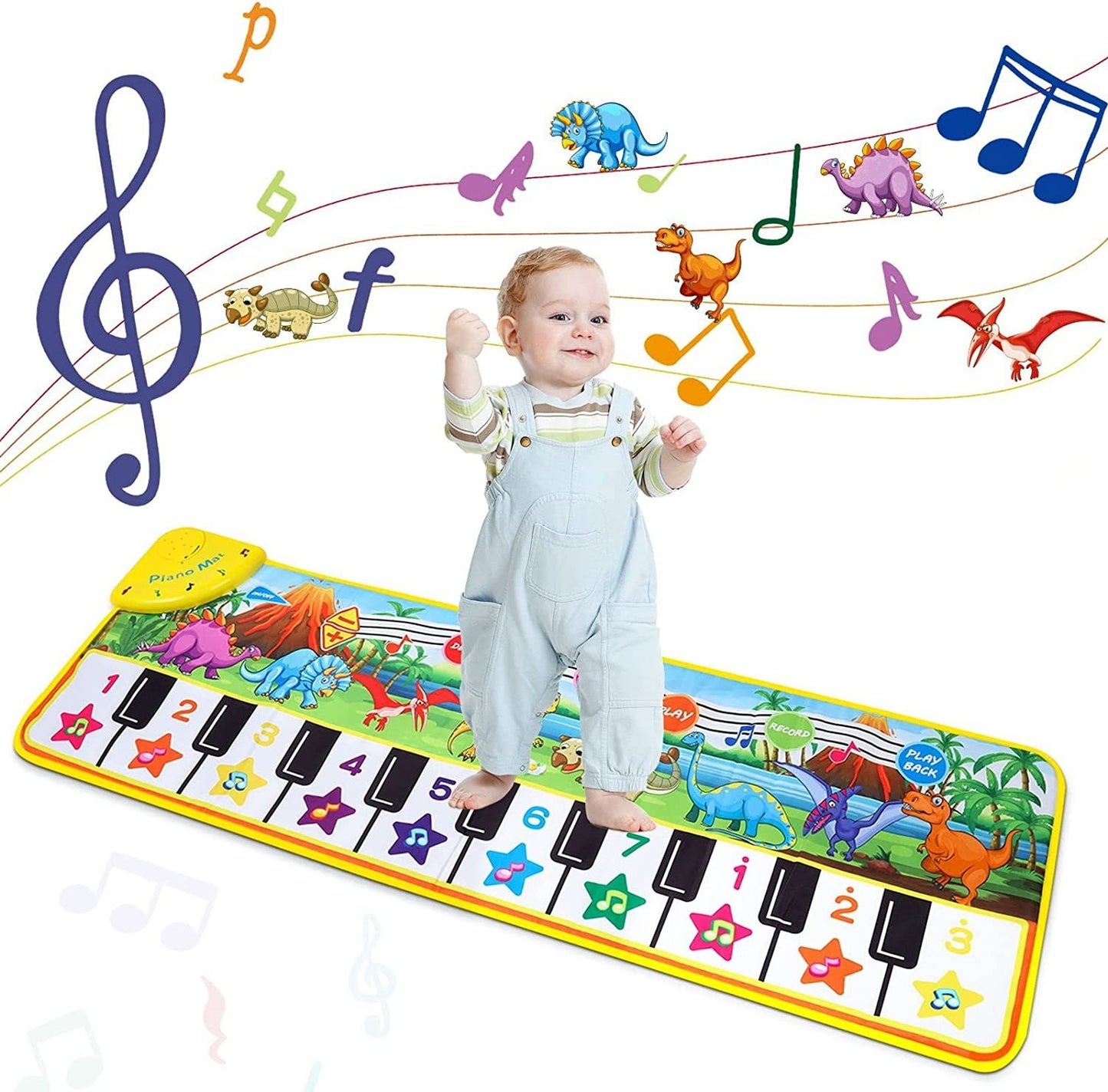 Child playing on a colorful piano mat with musical notes and dinosaurs