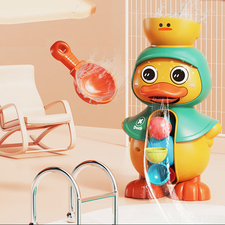 Toy duck with water features in a bathtub setting