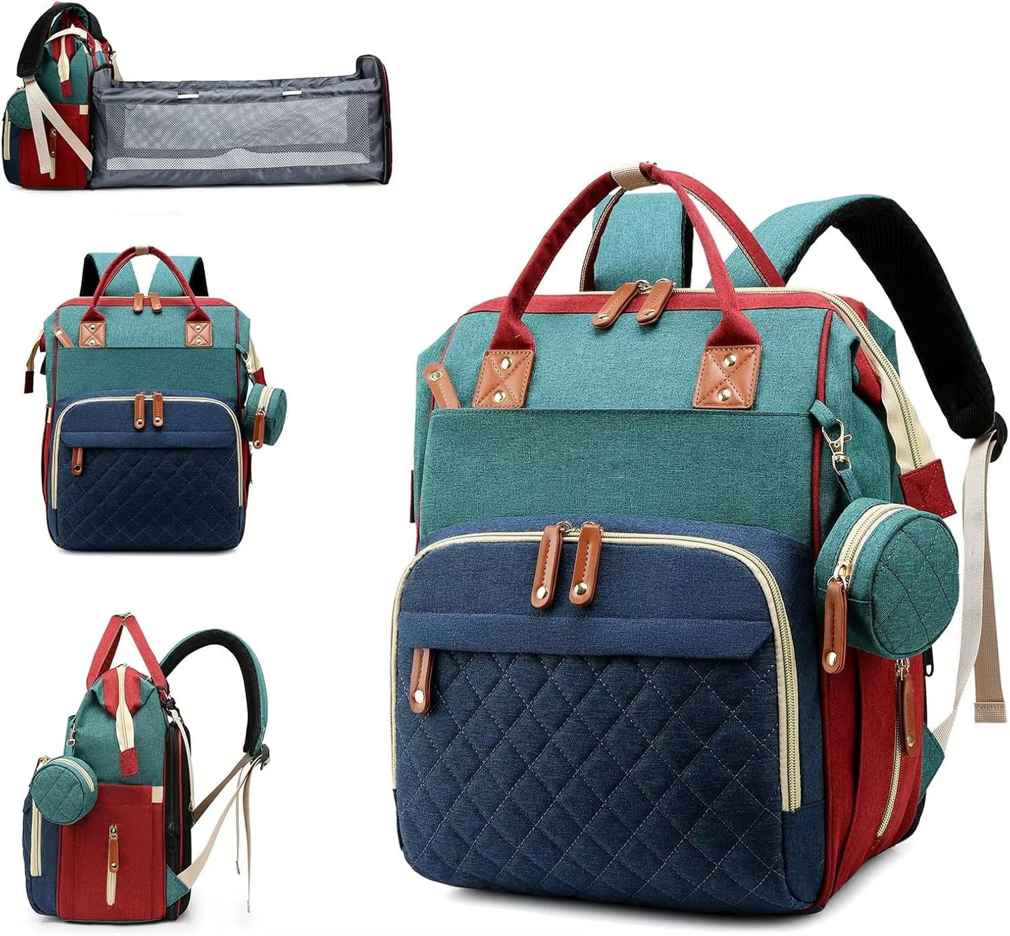 Multicolored backpack with quilted design and various compartments on a white background