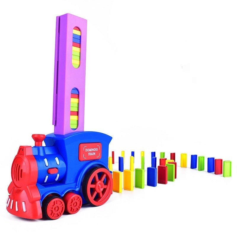 Colorful toy train with dominoes and card loading device on a white background