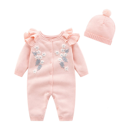 Baby Girl Floral Knit Jumpsuit and Hat Set