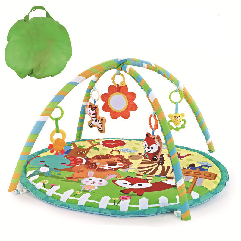 Colorful baby play gym with animal designs on a white background
