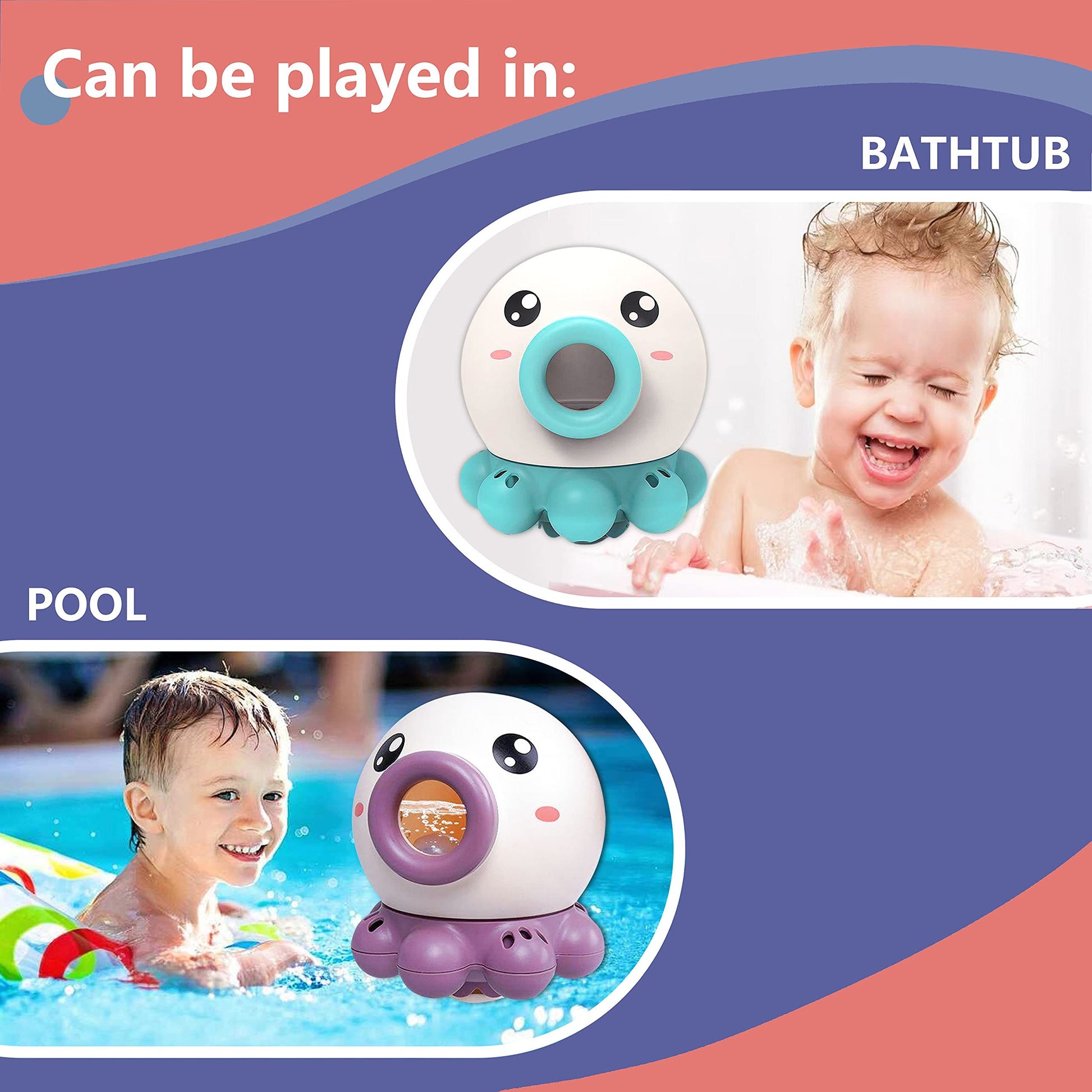 Children playing with toys in a bathtub and pool, with text indicating playability in both settings.