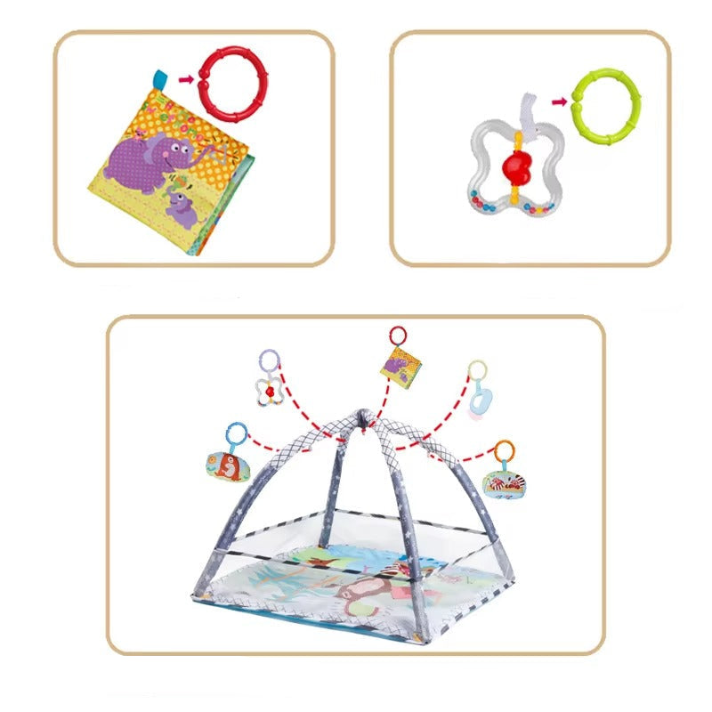 Baby play gym with hanging toys and accessories on a white background