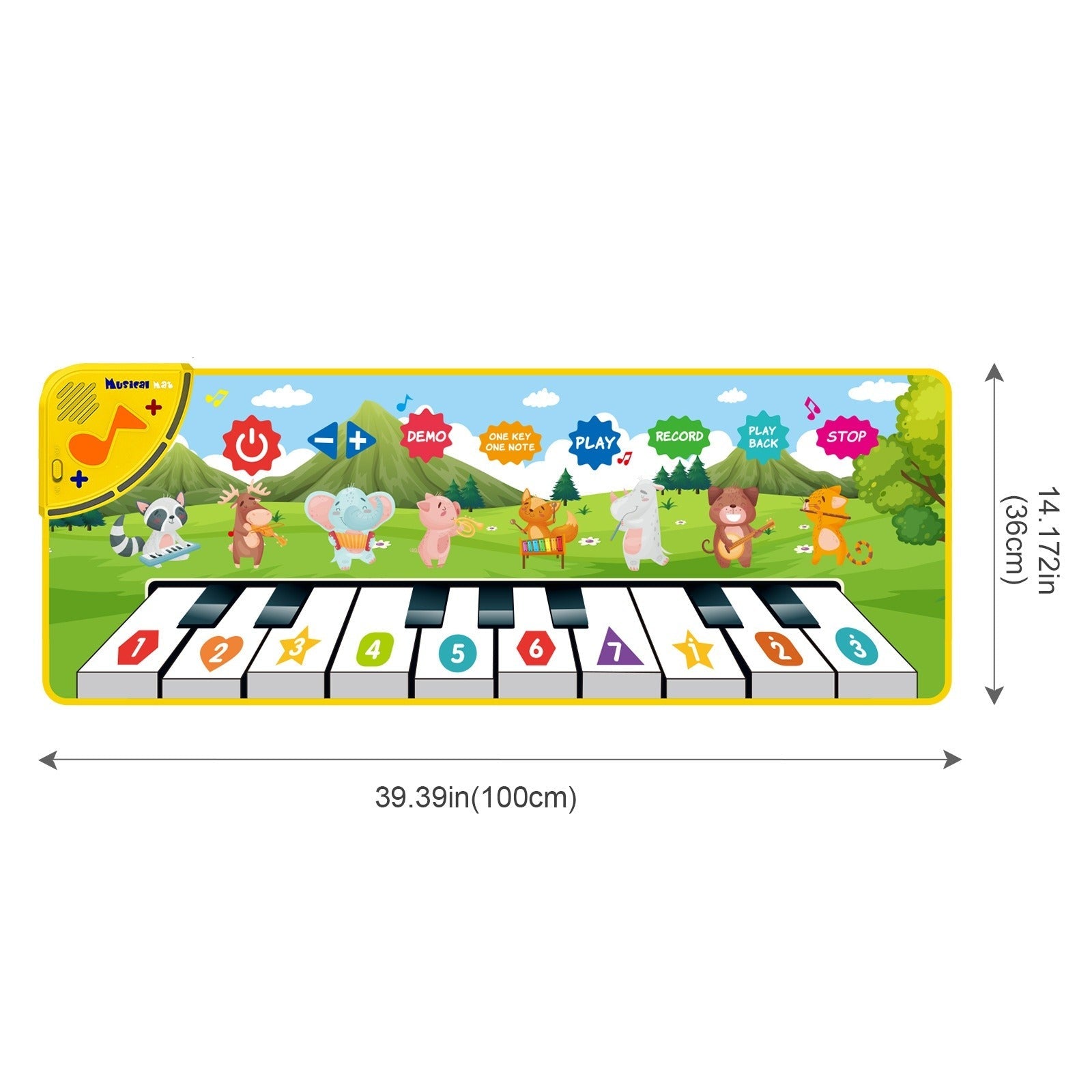 Children's piano mat with cartoon animals and keyboard keys, showing dimensions.