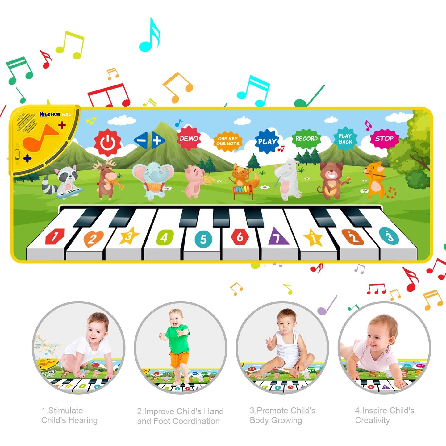 Children's piano mat with cartoon animals and musical notes on a white background
