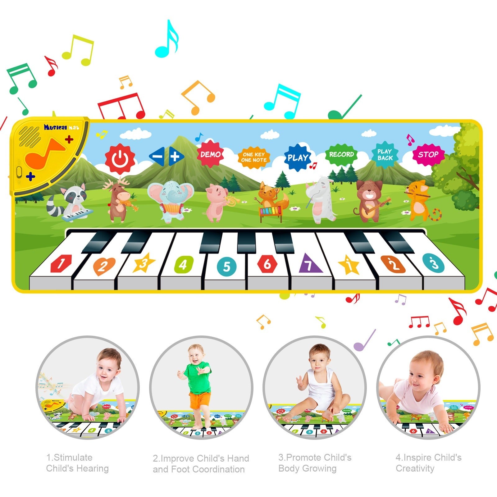 Children's piano mat with cartoon animals and musical notes on a white background