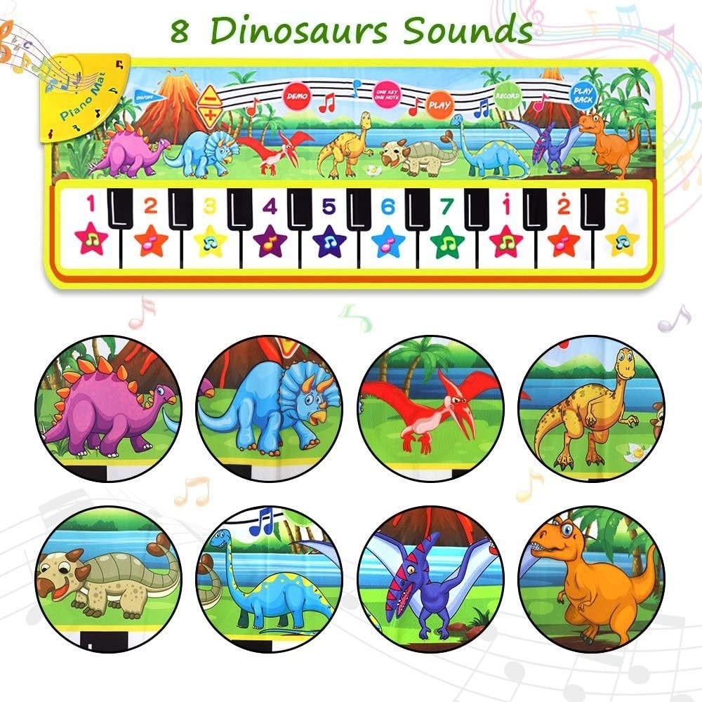 Children's dinosaur-themed piano mat with keyboard and cartoon dinosaurs on a white background