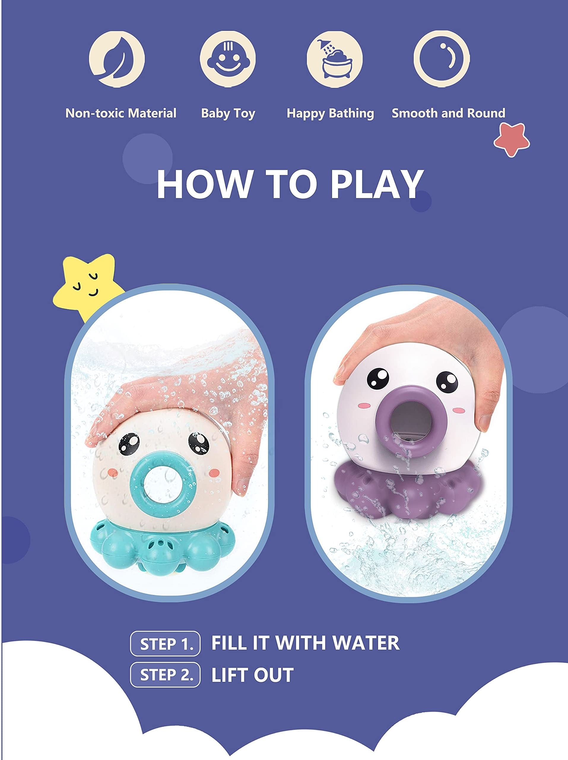 Instructions for using a baby bath toy with images and text on a blue background.