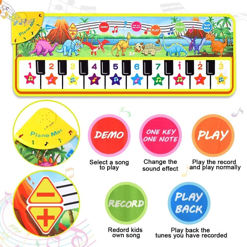 Children's piano mat with dinosaur illustrations and interactive buttons on a white background