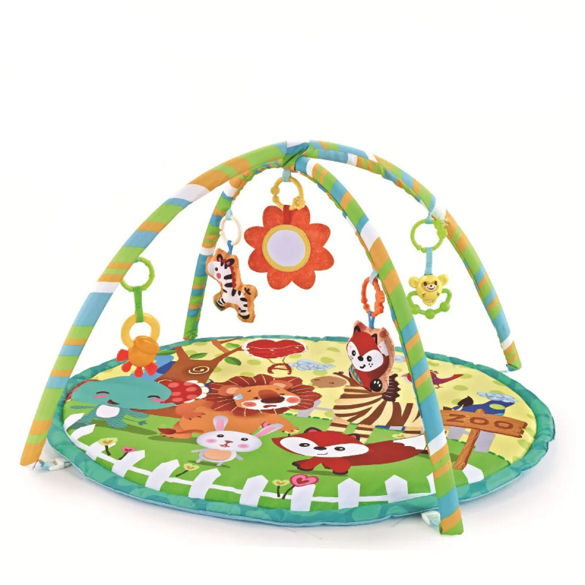 Colorful baby play gym with animal designs and a green bag on a white background