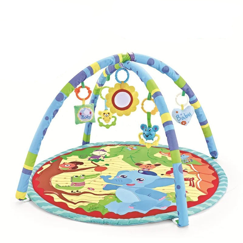 Baby play gym with colorful arch and mat featuring cartoon characters, labeled 'BB014'.
