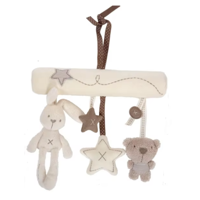 Baby mobile with plush toys and stars on a white background
