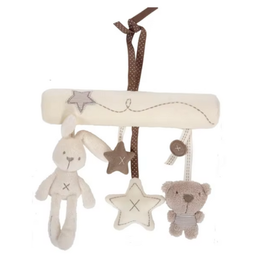 Baby mobile with plush toys and stars on a white background