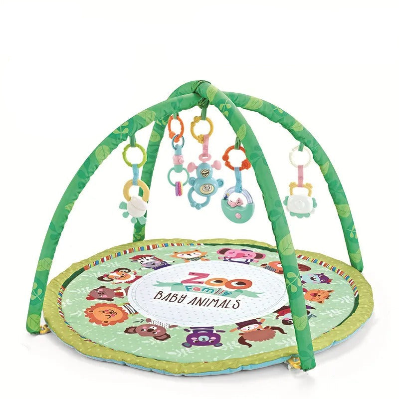 Baby play gym with colorful animal design and hanging toys on a white background.