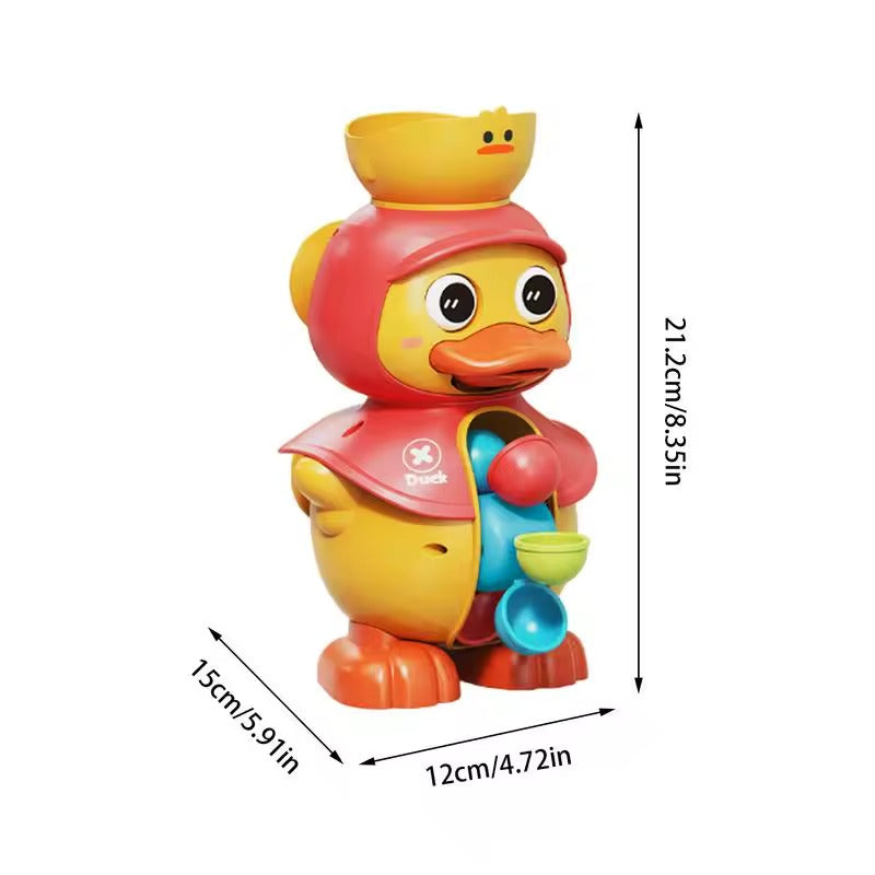 Colorful toy duck with measurements on a white background