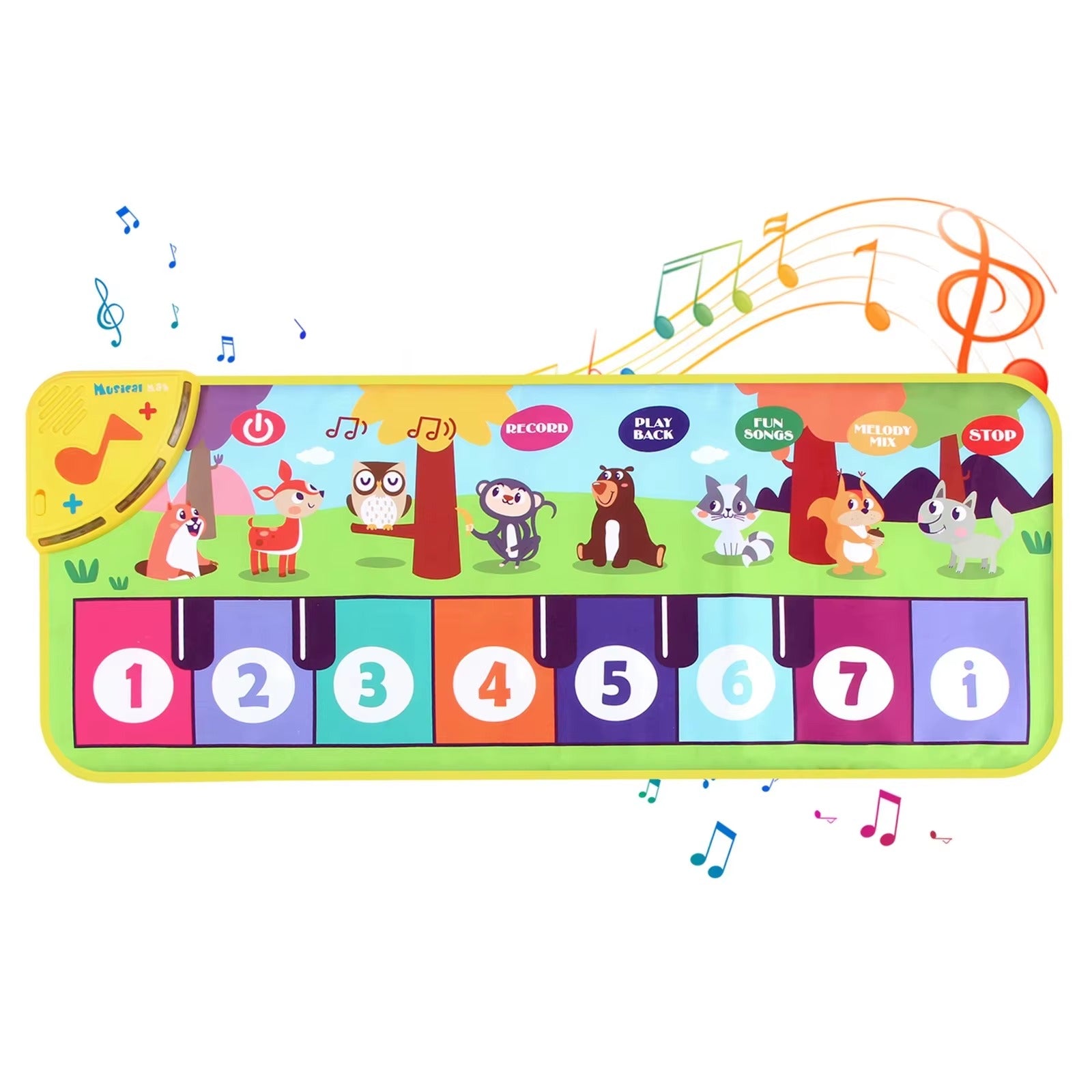 Colorful children's piano mat with cartoon animals and musical notes on a white background