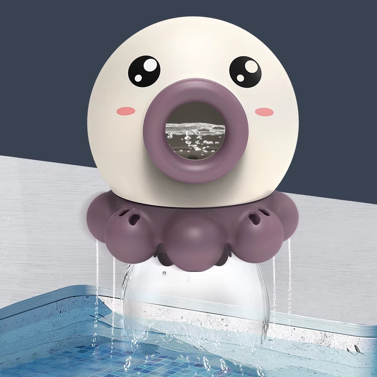 Octopus-shaped bath toy with a face in a pool